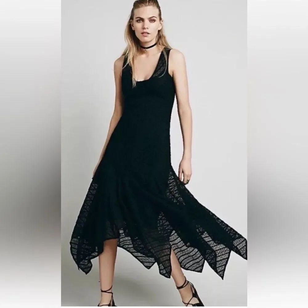 Free People Lila Asymmetrical Shark Bite Hem Sheer Lace Dress Black Sz Small